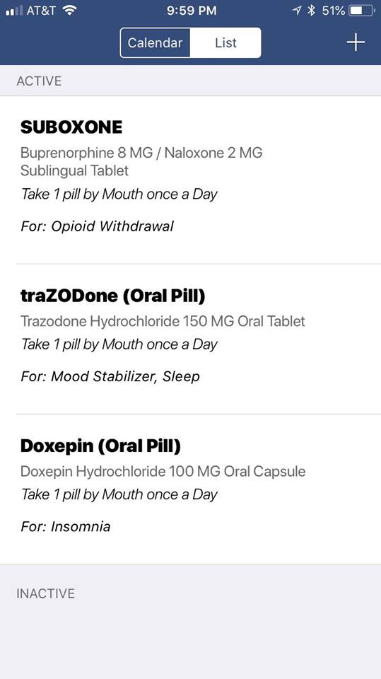 Medication Assisted Treatment App Screenshot Medication List